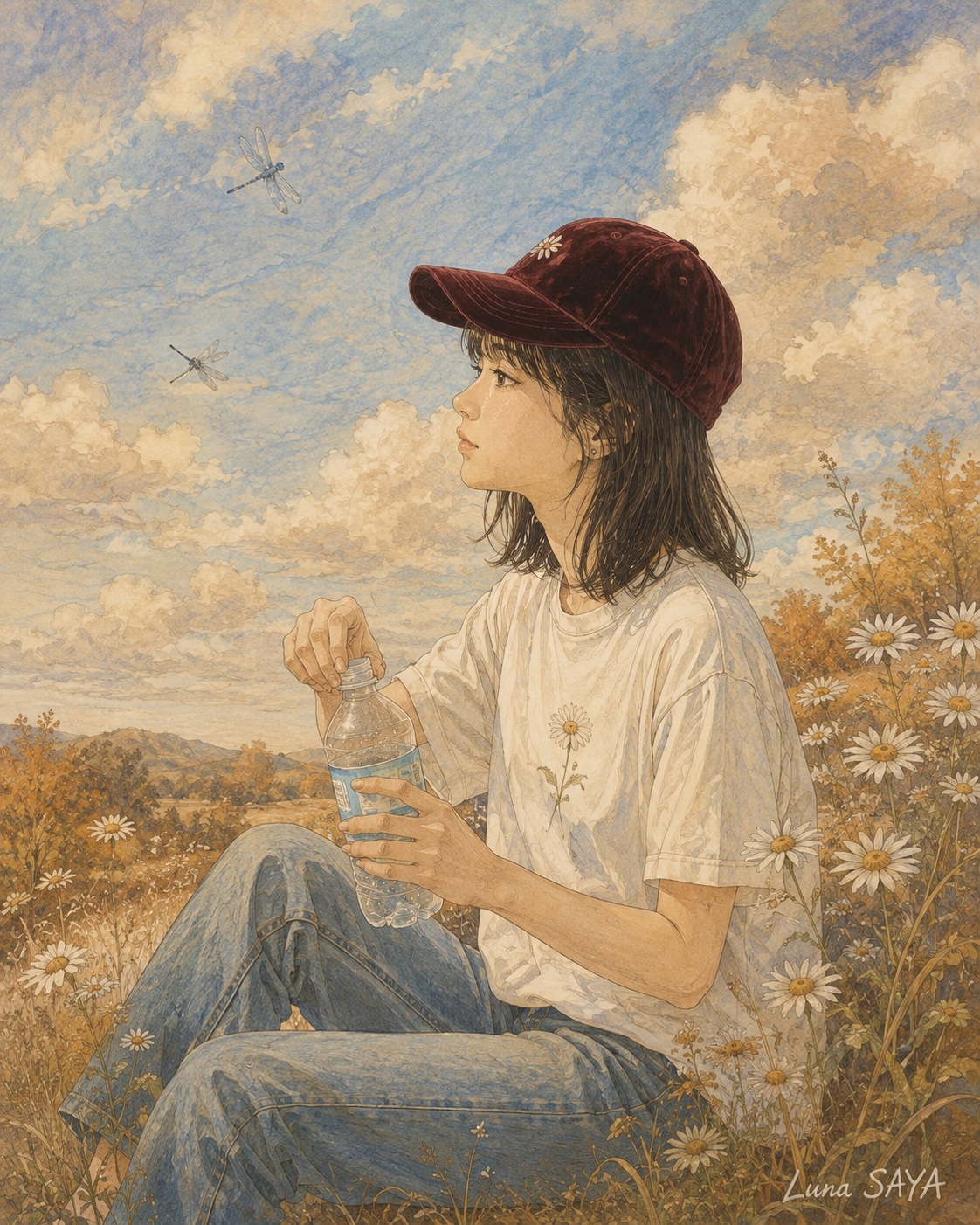 デイジーの野に座って、遠くを見ている絵