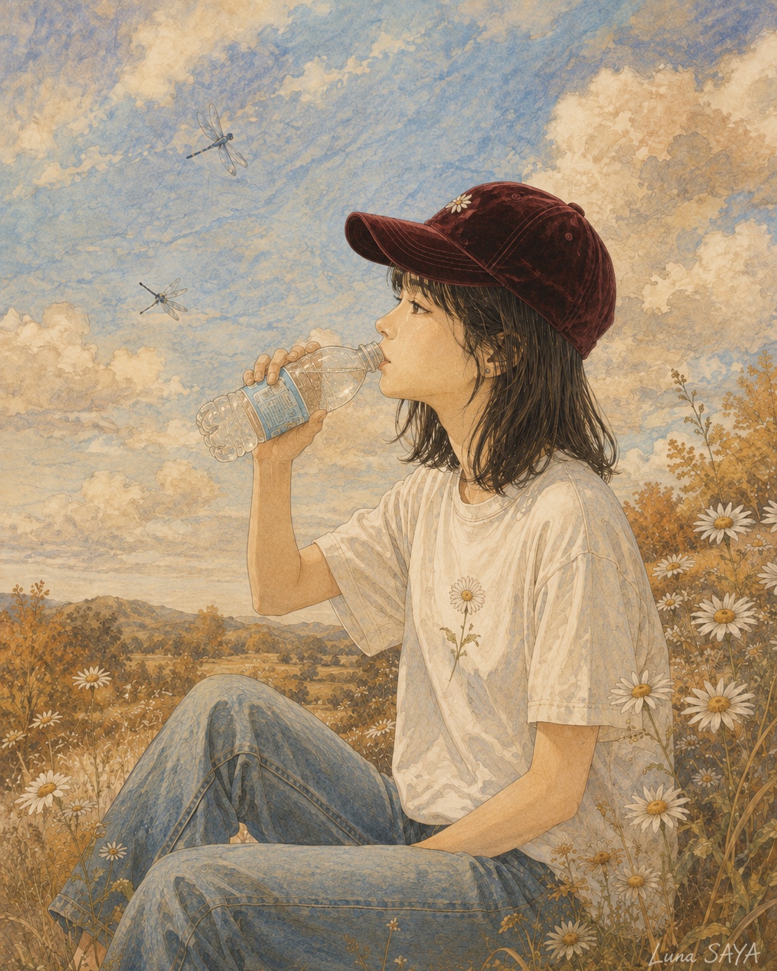 デイジーの野で、水を飲んでいる絵