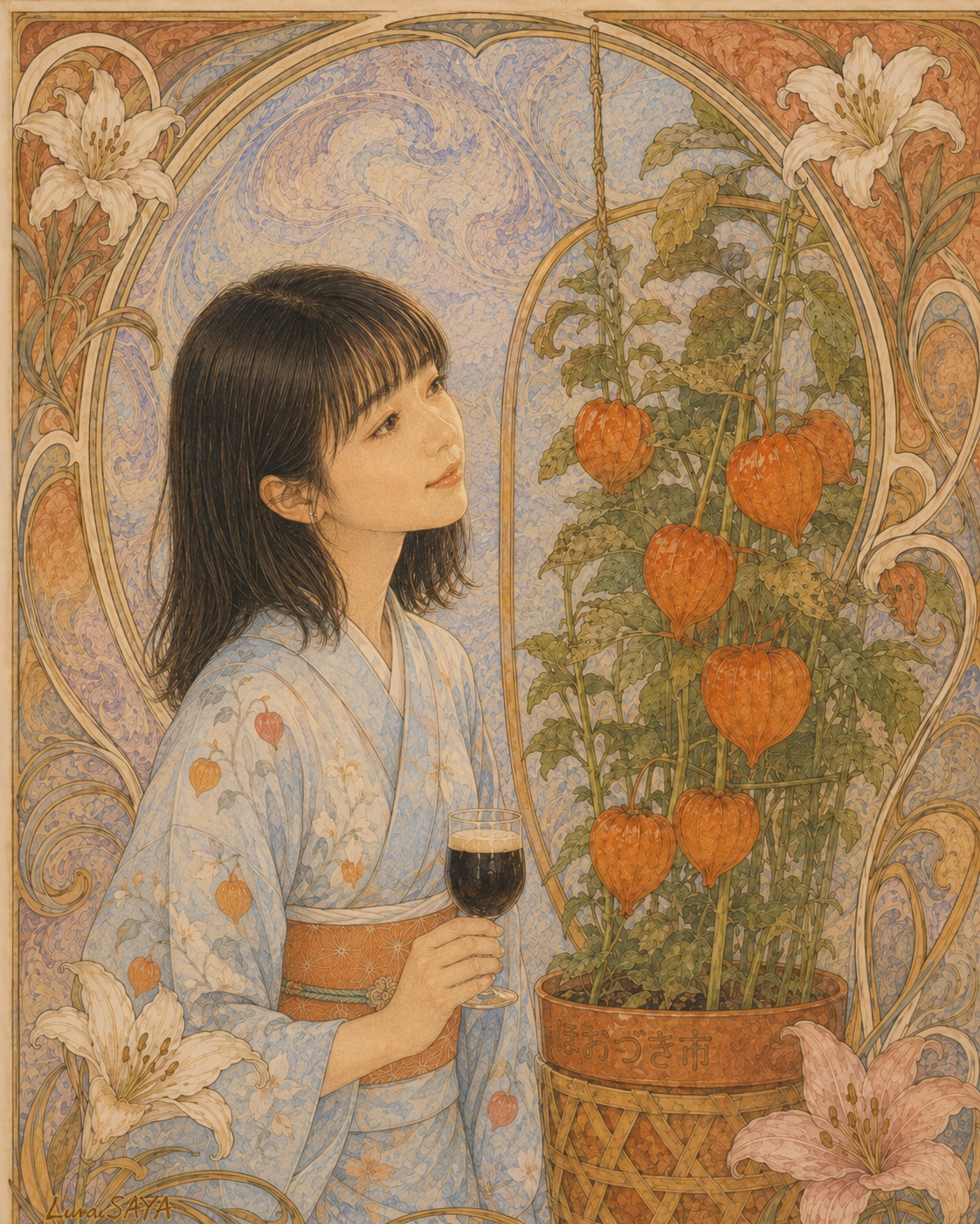 ほおずき市の鉢と、着物の女性を描いた挿絵