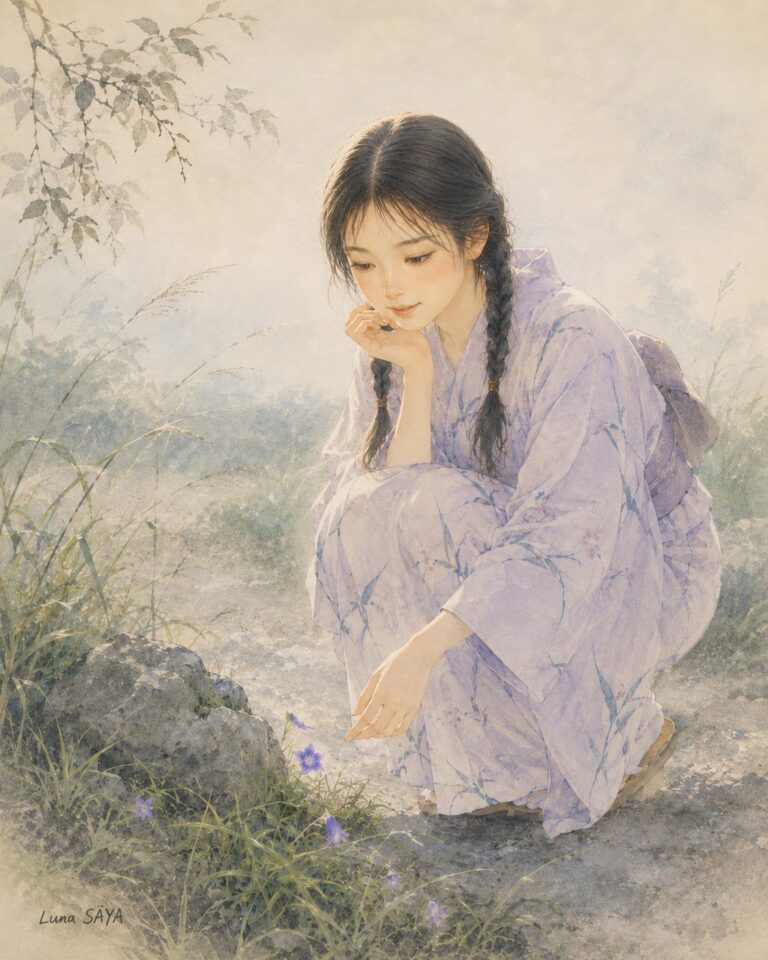 夏の早朝、朝もやのかかる草むら。おさげ髪の少女が薄紫の着物でしゃがみ、足もとの桔梗のような紫の花に手をのばしている。