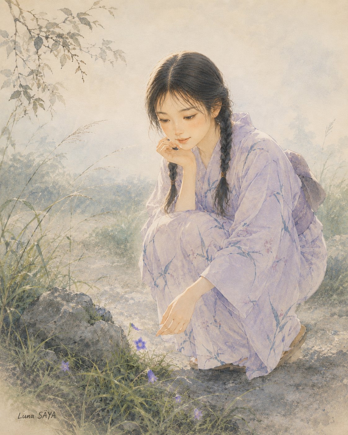 夏の早朝、朝もやのかかる草むら。おさげ髪の少女が薄紫の着物でしゃがみ、足もとの桔梗のような紫の花に手をのばしている。