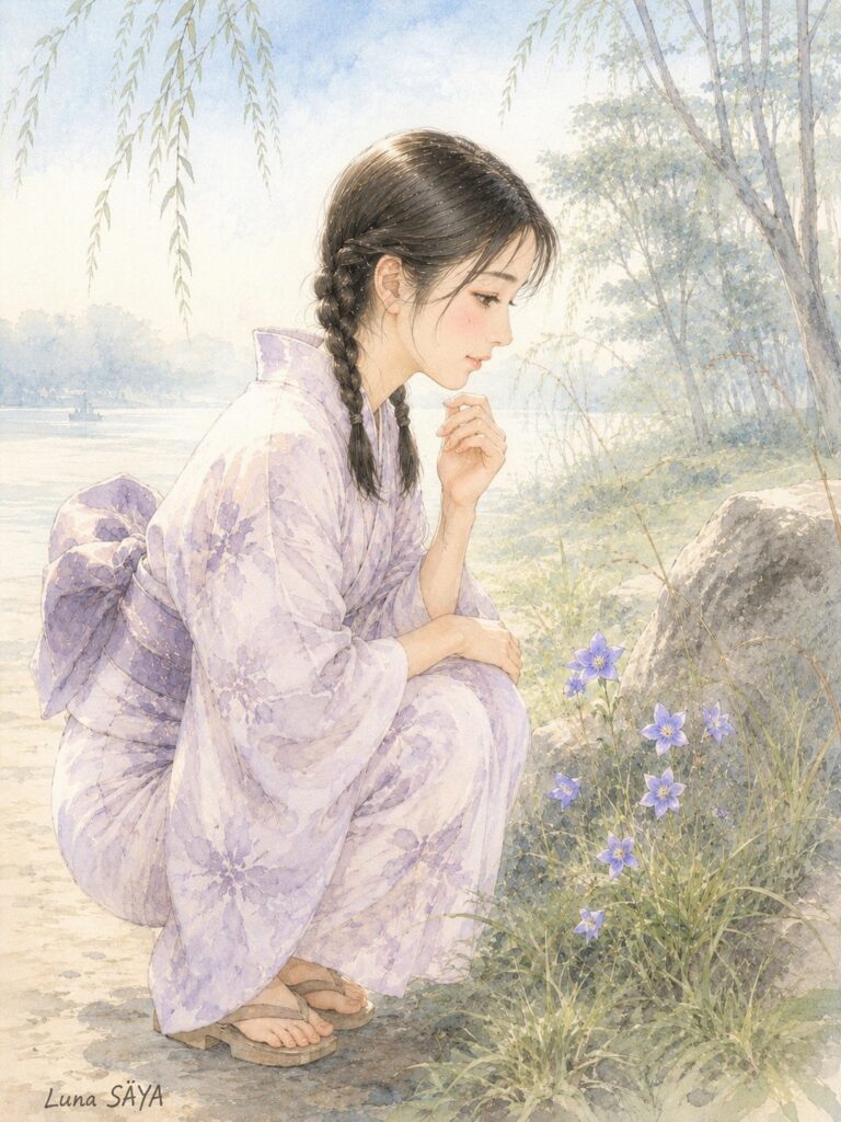 川べりの朝。柳の下で、おさげ髪の少女が薄紫の着物でしゃがみ、桔梗の花を見つめている。遠くの水面に舟が一艘。