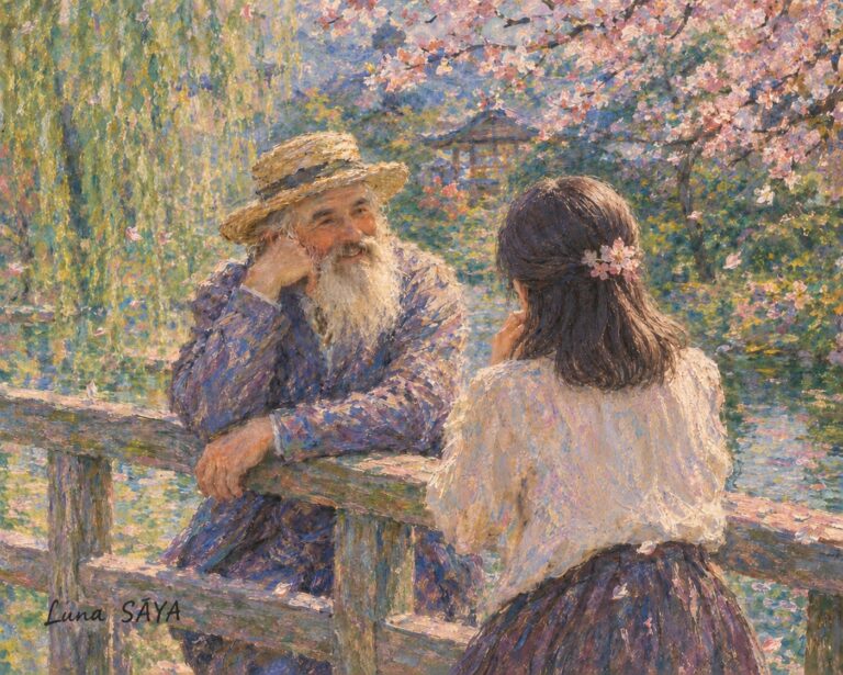 柳と桜のあいだ、池に架かった橋の上で、麦わら帽子に白い髭の老いた画家が、黒髪の女性と向かい合って話している。奥に日本風のお堂。