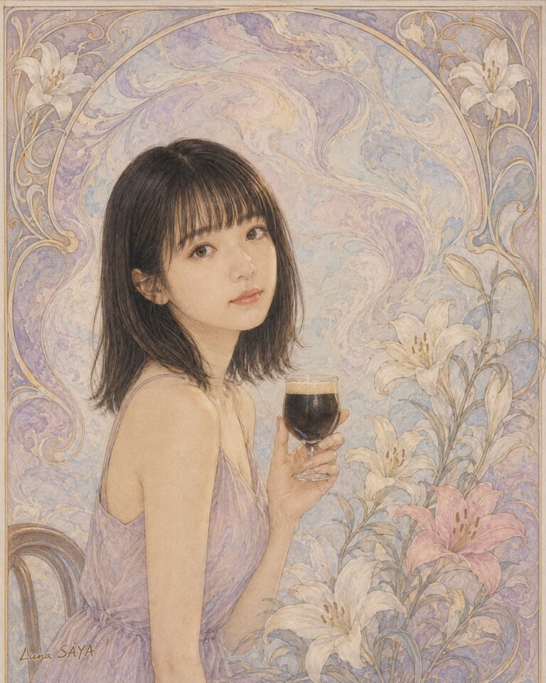 アール・ヌーヴォー風の装飾と百合に囲まれ、薄紫のドレスの女性が、濃い色の飲みものの入ったグラスを持ってこちらを見ている。頭のうしろに弧。