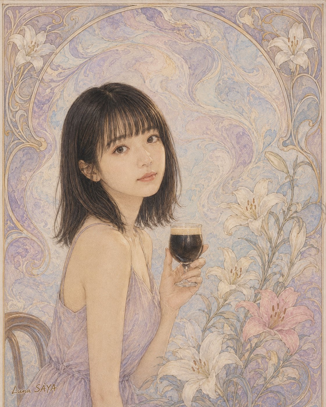 アール・ヌーヴォー風の装飾と百合に囲まれ、薄紫のドレスの女性が、濃い色の飲みものの入ったグラスを持ってこちらを見ている。頭のうしろに弧。