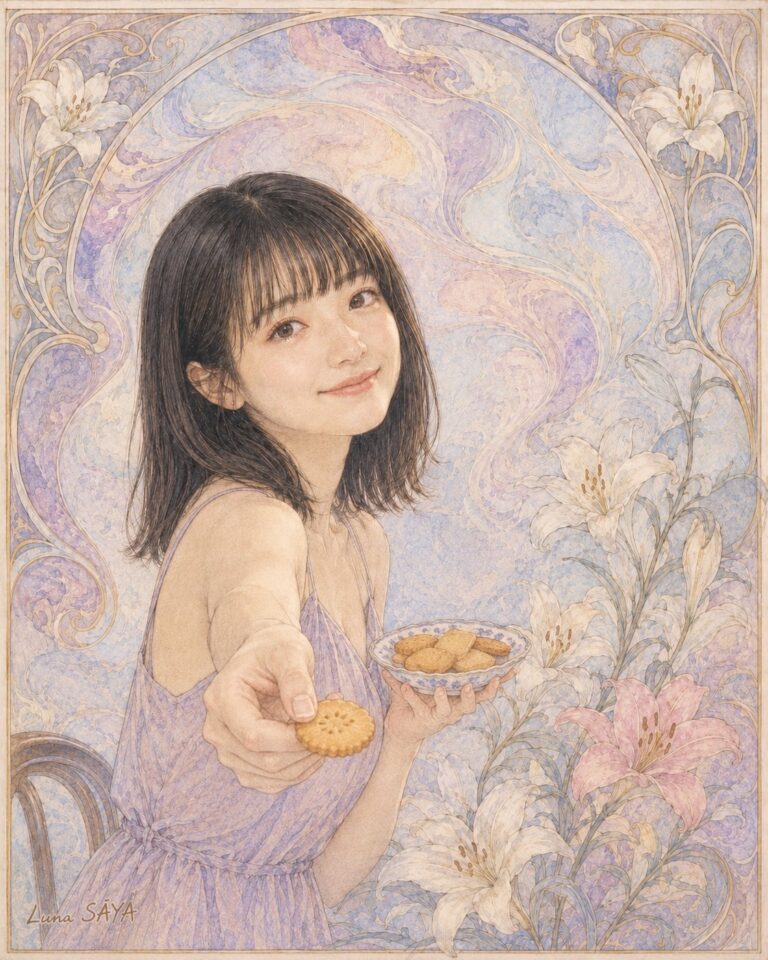 アール・ヌーヴォー風の装飾と百合に囲まれ、薄紫のドレスの女性が、皿にのせたビスケットを差し出し、一枚をこちらへ向けて微笑んでいる。
