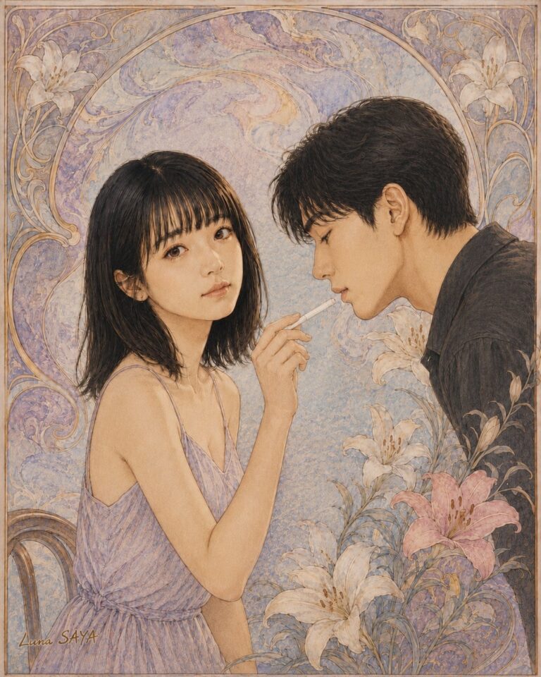 アール・ヌーヴォー風の装飾と百合に囲まれ、薄紫のドレスの女性が、たばこを男性の口もとへ差し出しながら、こちらを見ている。