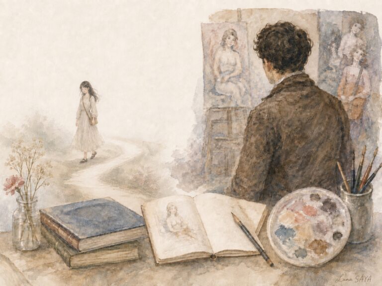 画架に向かう画家の背中と、彼が描いた女性たちの絵。手前には素描帳とパレットと筆。遠くの小道を、ひとりの女性が歩いている。