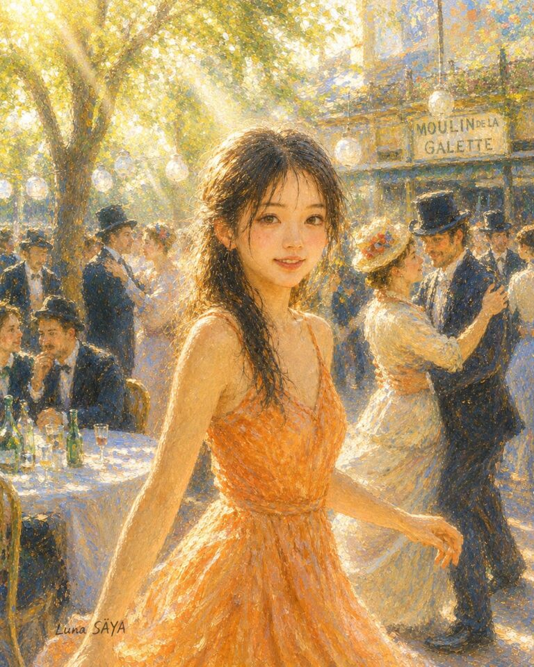 木漏れ日のなかの野外の踊り場。オレンジのドレスの若い女性がこちらを振り返り、奥では山高帽の男女が踊っている。奥の看板に MOULIN DE LA GALETTE。