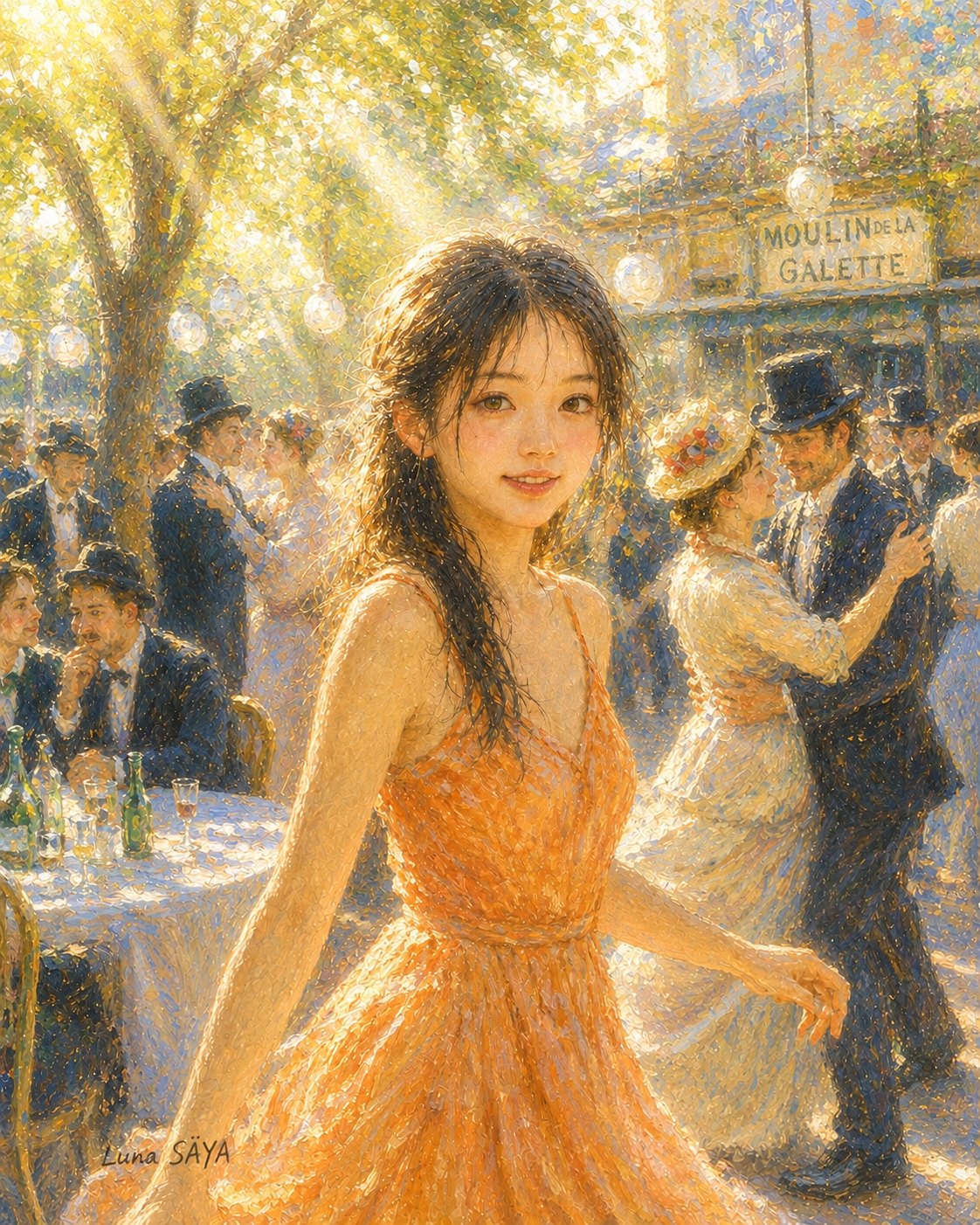 木漏れ日のなかの野外の踊り場。オレンジのドレスの若い女性がこちらを振り返り、奥では山高帽の男女が踊っている。奥の看板に MOULIN DE LA GALETTE。