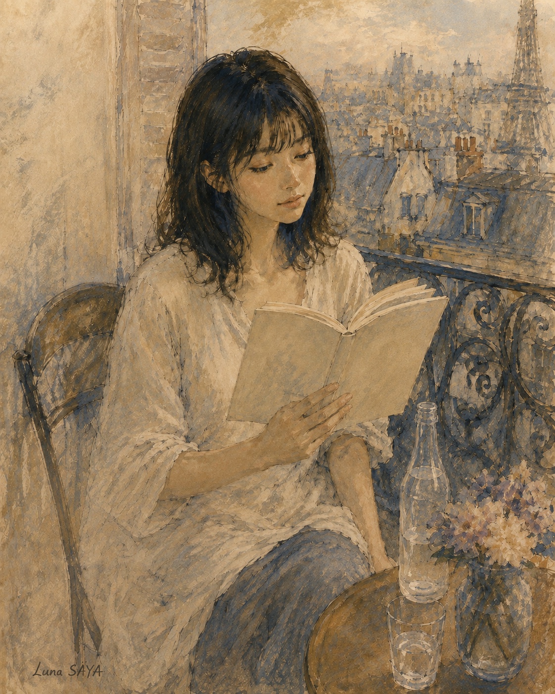 バルコニーで本を読んでいる絵