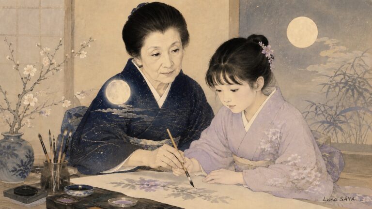 年長の女性が筆を持ち、若い娘に絵を教えている。紺地の着物には月と星。背景の襖にも大きな月。手前には筆立てと絵具の皿、梅の枝を活けた花瓶。