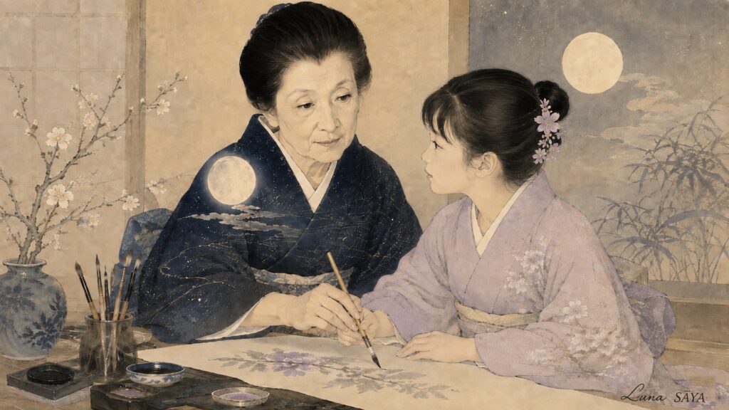 年長の女性が筆を持ち、若い娘が顔を上げてその人を見ている。二人のあいだに紙が広げられ、紫の花が描かれかけている。