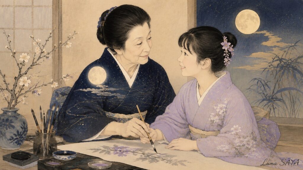 年長の女性と若い娘が、筆を持つ手のそばで微笑み合っている。背景の夜空に満月。