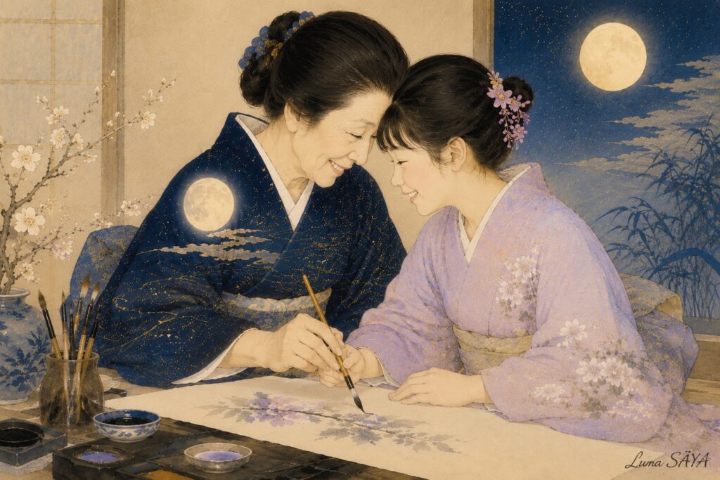 年長の女性と若い娘が額を寄せ、声を上げて笑っている。二人の手が一本の筆に重なっている。