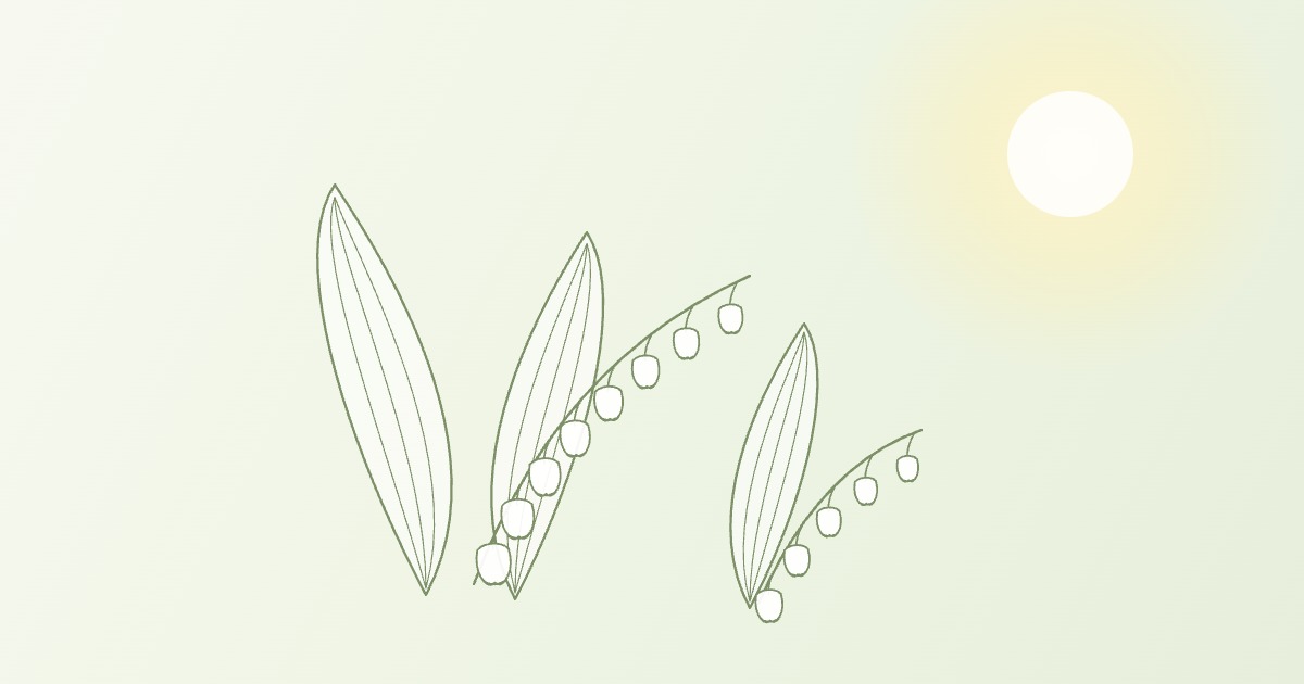 鈴蘭の線画。二枚の葉と、弓なりの茎に下がる釣鐘形の花