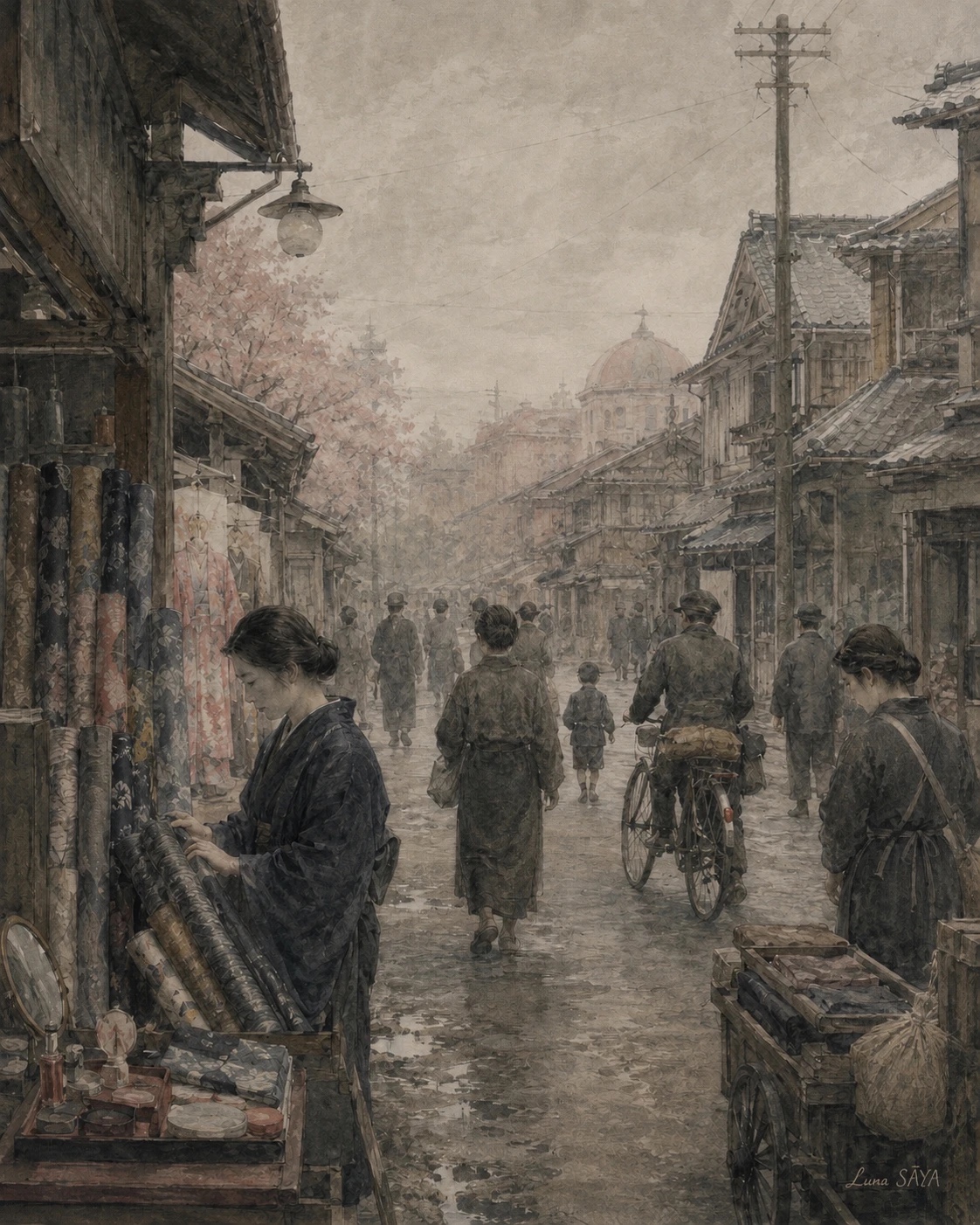 雨あがりの商店街と反物を見る女性を描いた水彩画（Luna SĀYA 作）