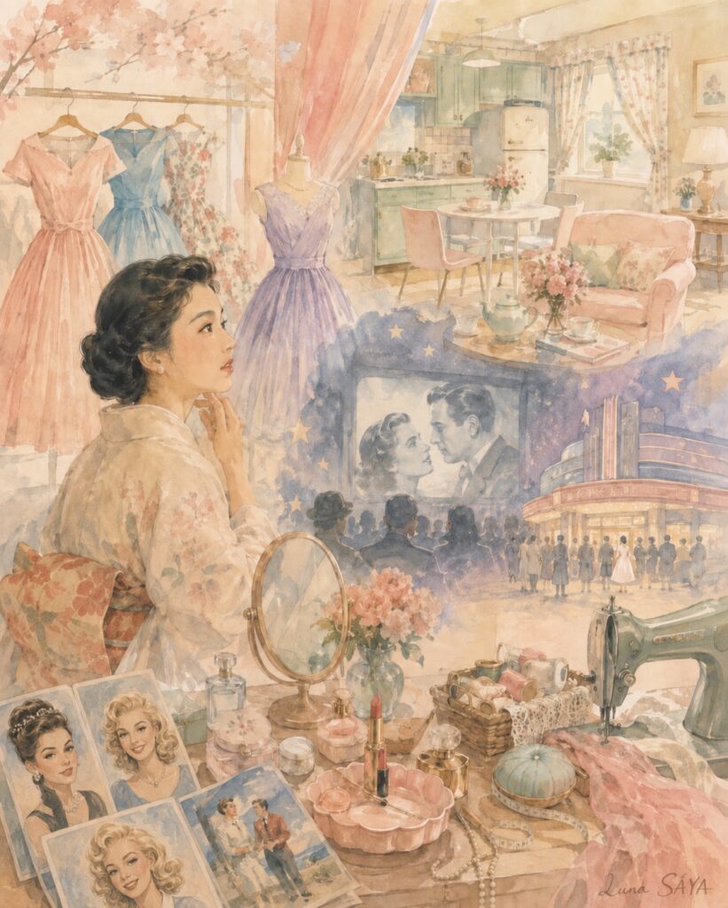 一九五〇年代の洋裁室と映画館を描いた水彩画(Luna SĀYA 作)