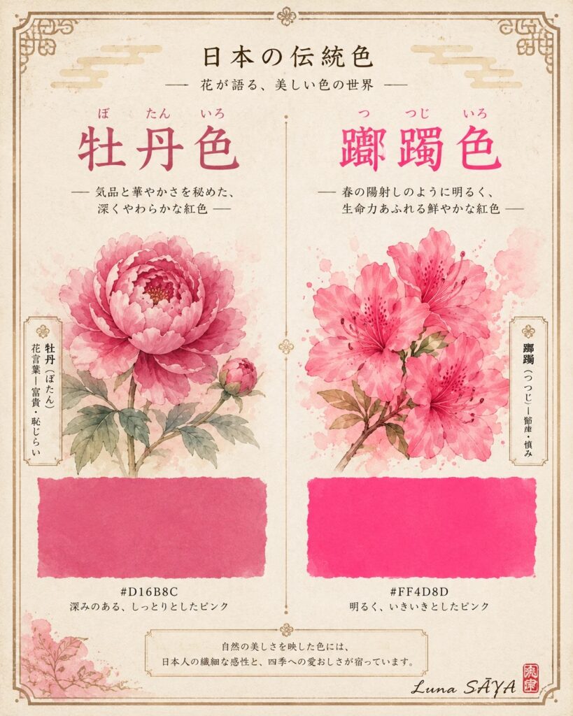 牡丹色と躑躅色を花とともに並べた図(Luna SĀYA 作)