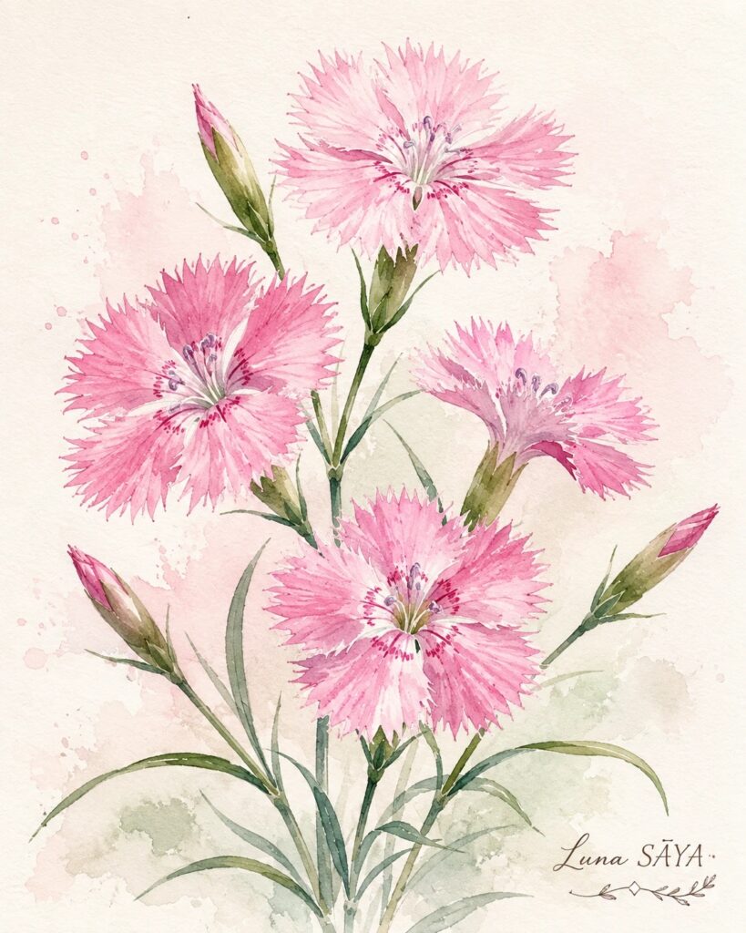 ピンクのナデシコの仲間の花を描いた水彩画(Luna SĀYA 作)