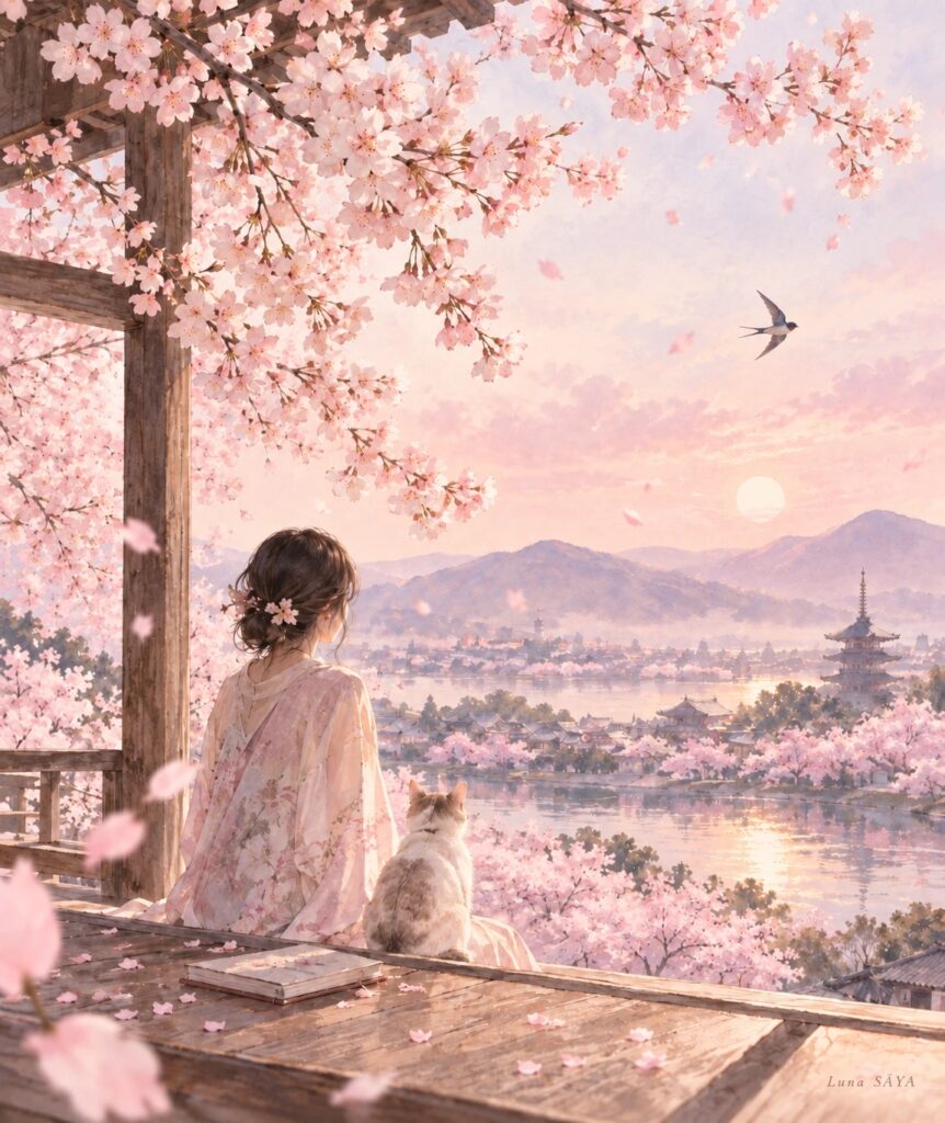桜の下から夕暮れの町を眺める女性と猫を描いた絵(Luna SĀYA 作)