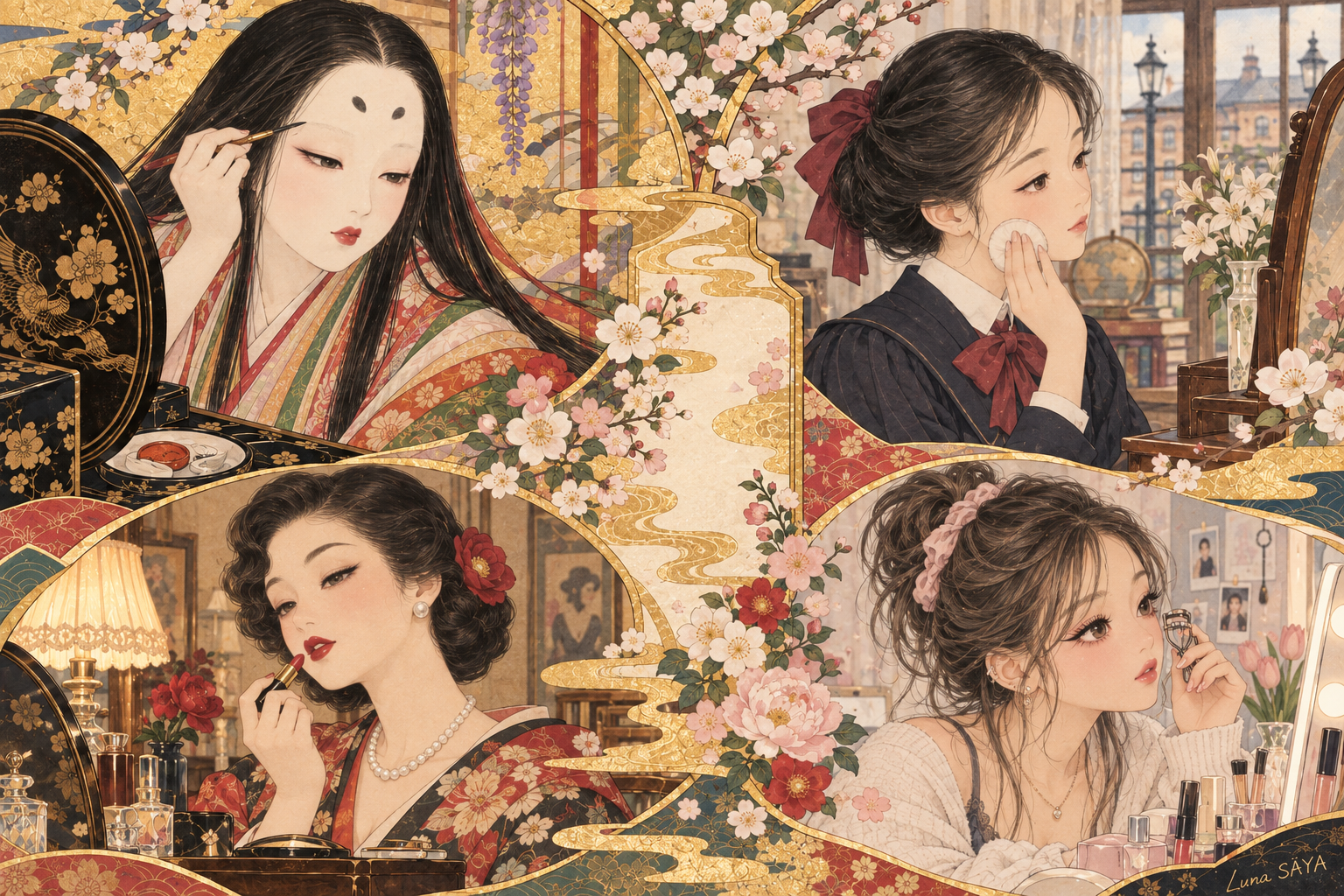 平安・明治・昭和・いまの四人の女性が、それぞれの鏡に向かって化粧をする絵（Luna SĀYA 作）