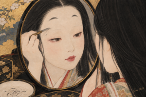 鏡に向かい、剃刀で眉を落とす平安の女性を描いた絵(Luna SĀYA 作)