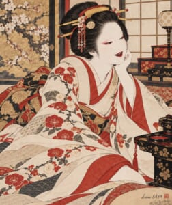 お歯黒をつけて微笑む江戸の女性を描いた絵(Luna SĀYA 作)