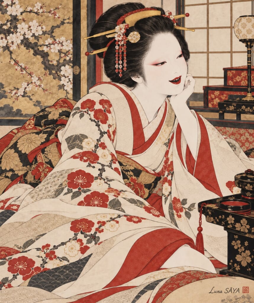 お歯黒をつけて微笑む江戸の女性を描いた絵（Luna SĀYA 作）