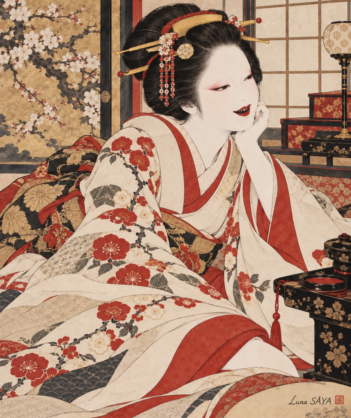 お歯黒をつけて微笑む江戸の女性を描いた絵（Luna SĀYA 作）