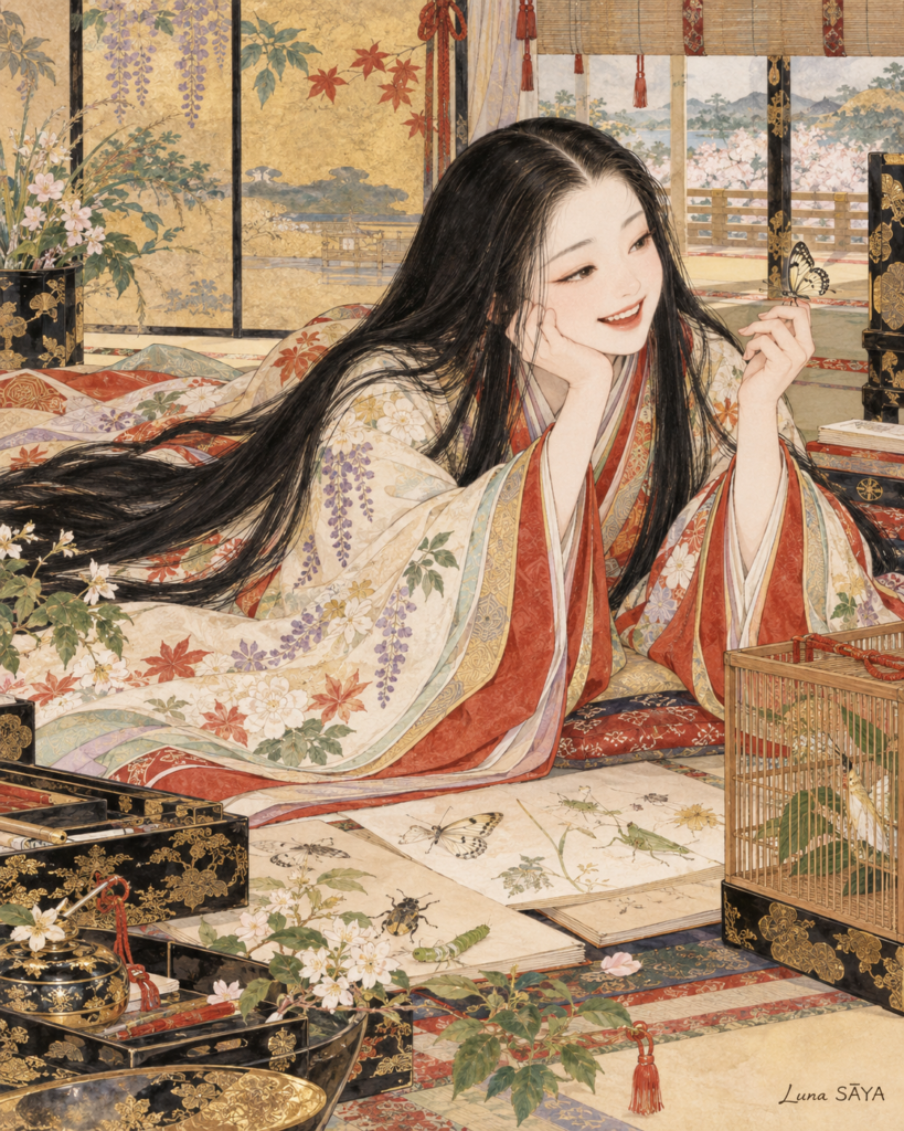虫を愛で、白い歯のまま笑う虫めづる姫君を描いた絵（Luna SĀYA 作）