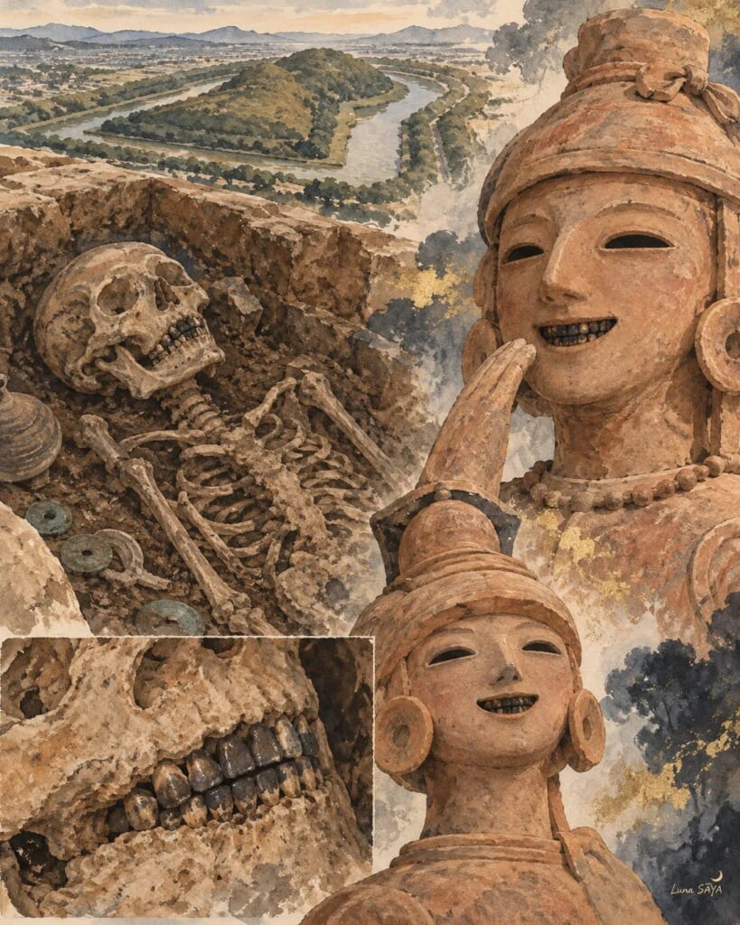 古墳に眠る黒い歯の人骨と、歯の黒い埴輪を描いた絵（Luna SĀYA 作）