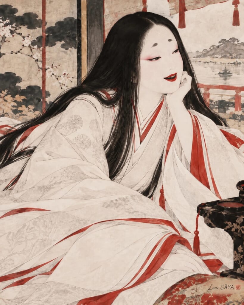 お歯黒をつけて微笑む平安の女性を描いた絵（Luna SĀYA 作）